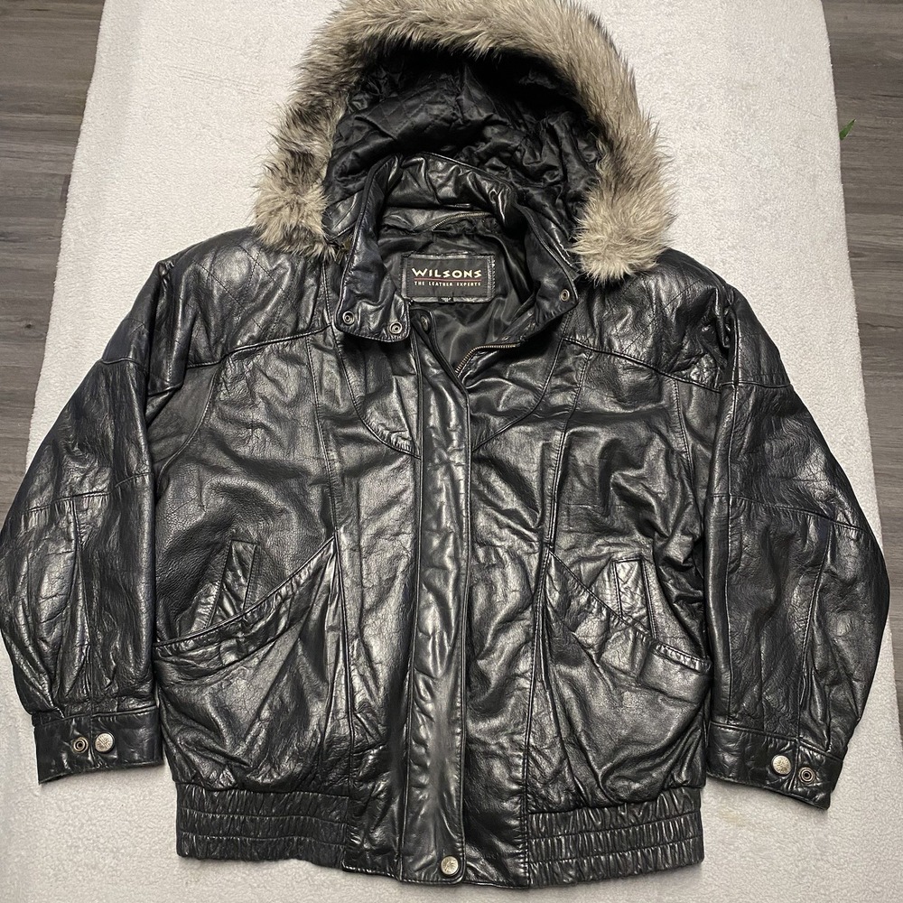 Wilsons Leather Jacket Womens Medium Black Removable Hood Faux Fur Trim Vtg Read